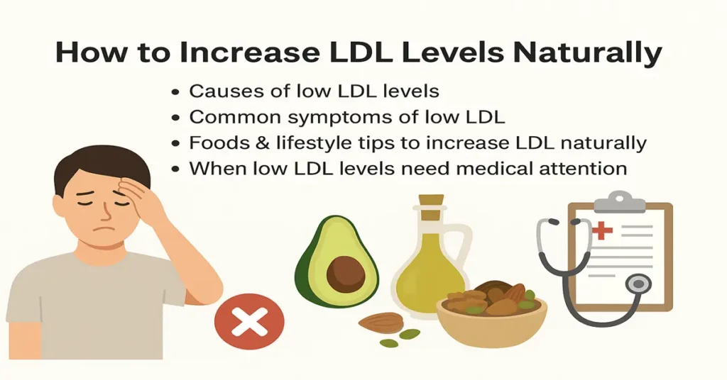 Medical infographic showing causes, symptoms, foods, lifestyle tips, and medical warning signs for increasing low LDL levels naturally.