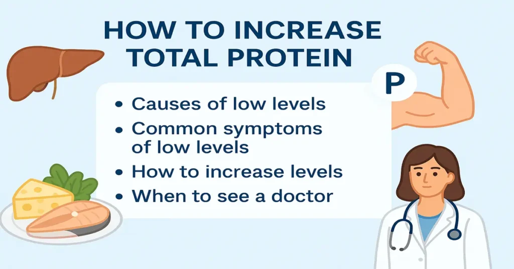 Infographic on how to increase total protein levels with causes of low protein, symptoms, ways to improve levels, and when to see a doctor, along with small protein-related graphics.