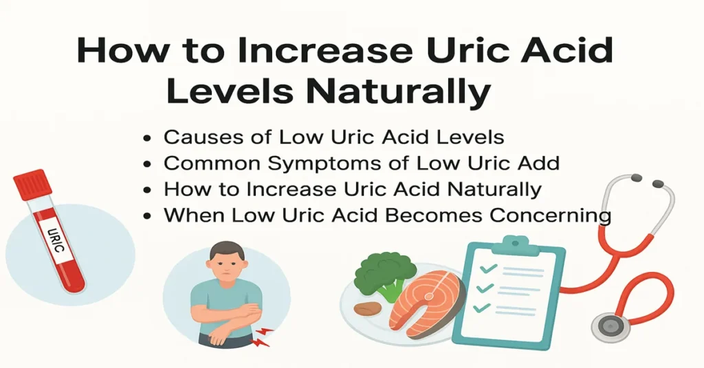 Featured image showing the title ‘How to Increase Uric Acid Levels Naturally’ with bullet points on causes of low uric acid, symptoms, natural ways to increase levels, and when it becomes concerning, along with small medical and food-related graphics.