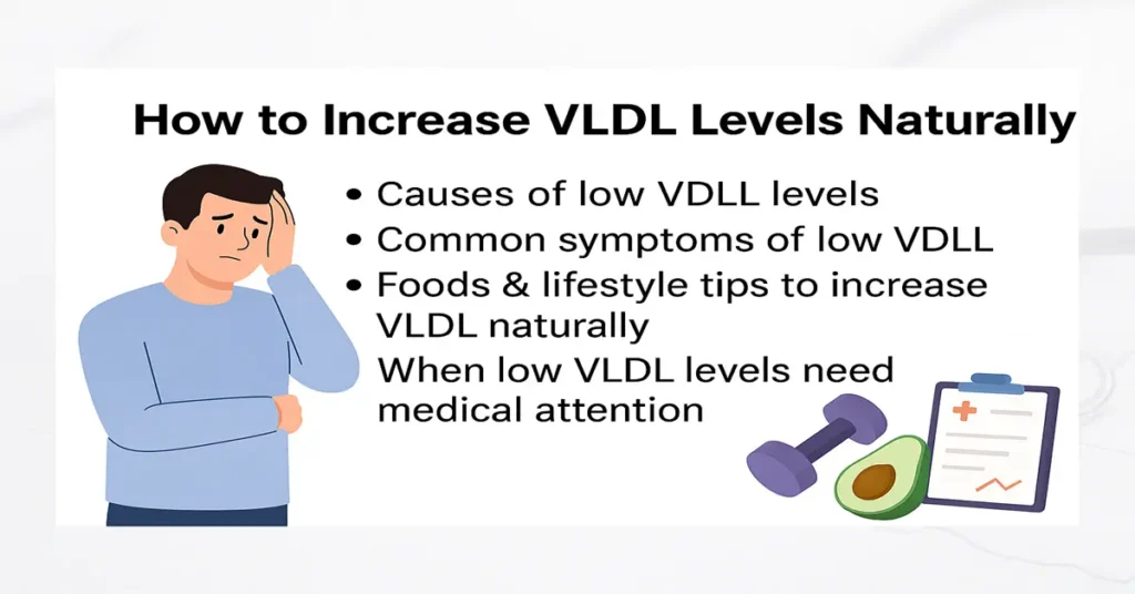 Medical infographic explaining how to increase low VLDL levels naturally with bullet points on causes, symptoms, diet tips, and when to seek medical attention.