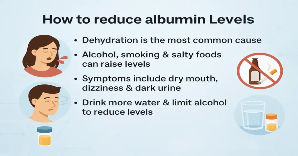 Medical featured image explaining how to reduce high albumin levels with symptoms icons and lifestyle modification graphics.