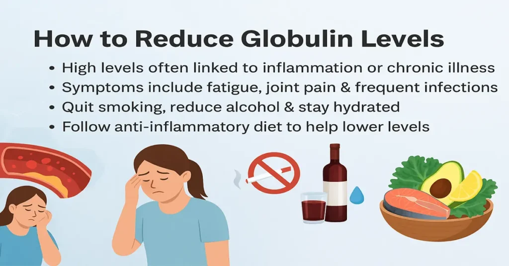 Medical featured image showing causes and natural ways to reduce high globulin levels with symptoms, lifestyle icons, and anti-inflammatory food graphics.