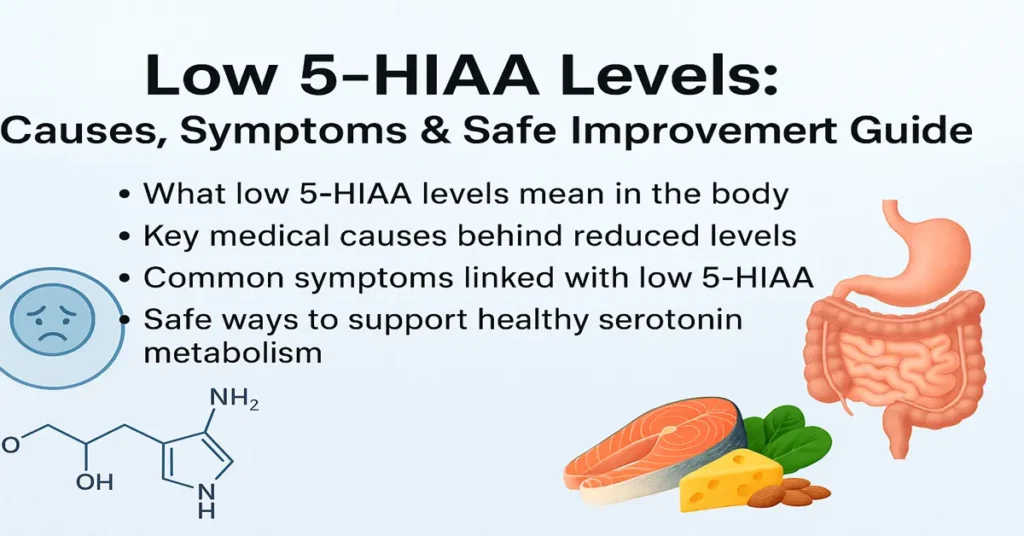 Infographic showing causes, symptoms, and safe improvement tips for low 5-HIAA levels.