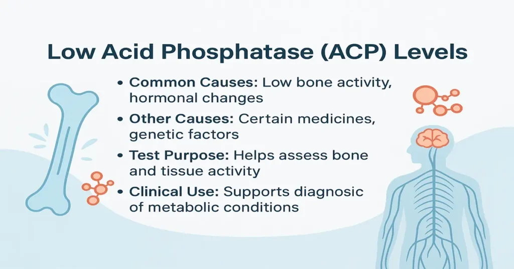 Low Acid Phosphatase (ACP) Levels – common causes, symptoms, test purpose, and clinical use infographic with medical icons.