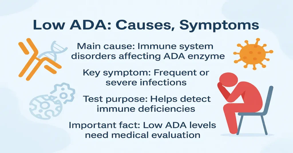Featured image showing key points about low ADA levels, including main causes, symptoms, test purpose, and the importance of medical evaluation, presented in a clean medical layout.