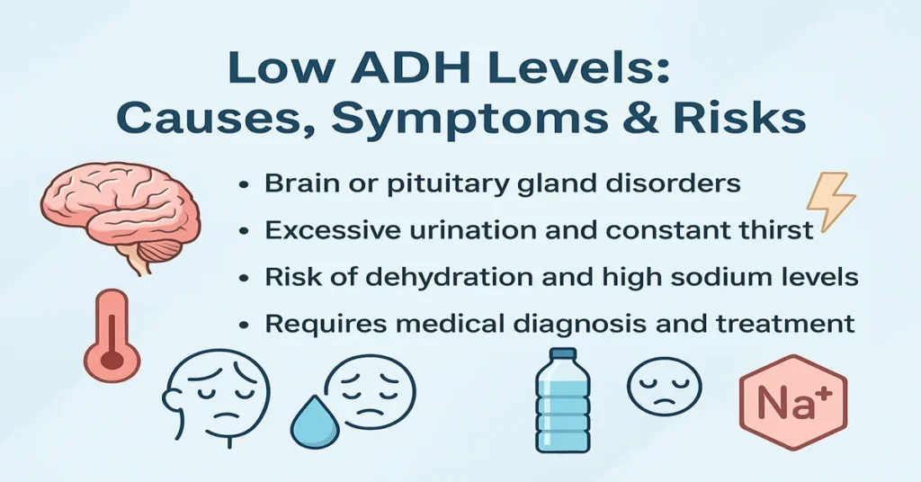 Low ADH levels infographic showing causes, symptoms like excessive urination and thirst, dehydration risk, and need for medical diagnosis