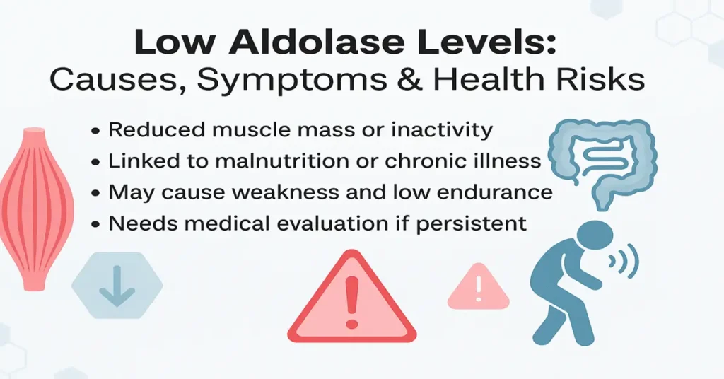 Medical infographic showing low aldolase levels with causes like reduced muscle mass and malnutrition, symptoms such as weakness and low endurance, and the need for medical evaluation.