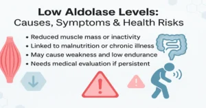 Medical infographic showing low aldolase levels with causes like reduced muscle mass and malnutrition, symptoms such as weakness and low endurance, and the need for medical evaluation.