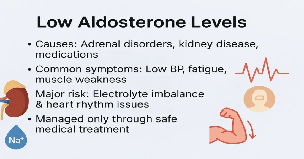 Low aldosterone levels infographic explaining causes, symptoms, electrolyte imbalance, and need for medical treatment