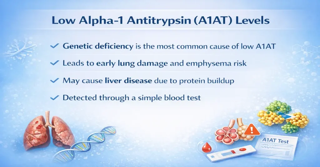 Low Alpha-1 Antitrypsin (A1AT) levels showing genetic deficiency, lung damage risk, liver disease due to protein buildup, and blood test detection