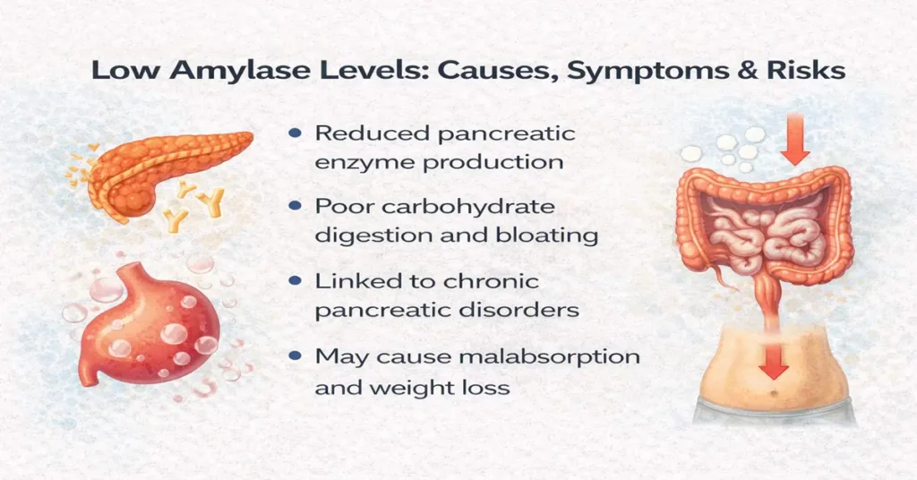 Low amylase levels infographic showing reduced pancreatic enzyme production, poor digestion, bloating, and malabsorption risk
