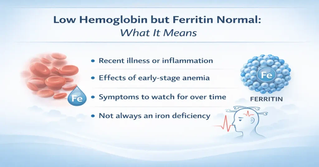 Low hemoglobin but ferritin normal medical illustration explaining possible reasons, clinical interpretation, and follow-up