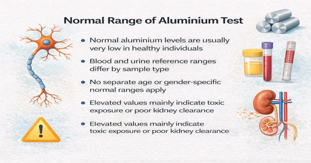 Normal range of aluminium test infographic showing low normal levels, blood and urine reference differences, and toxic exposure interpretation