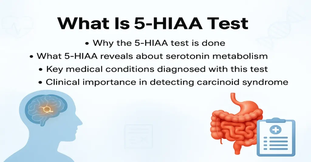 Infographic explaining what the 5-HIAA test measures, its purpose, serotonin metabolism insights, and conditions it helps diagnose.