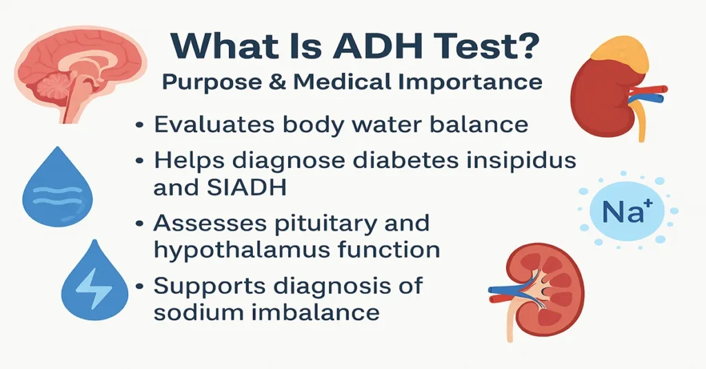 What is ADH test infographic explaining water balance, diagnosis of diabetes insipidus and SIADH, pituitary function, and sodium imbalance