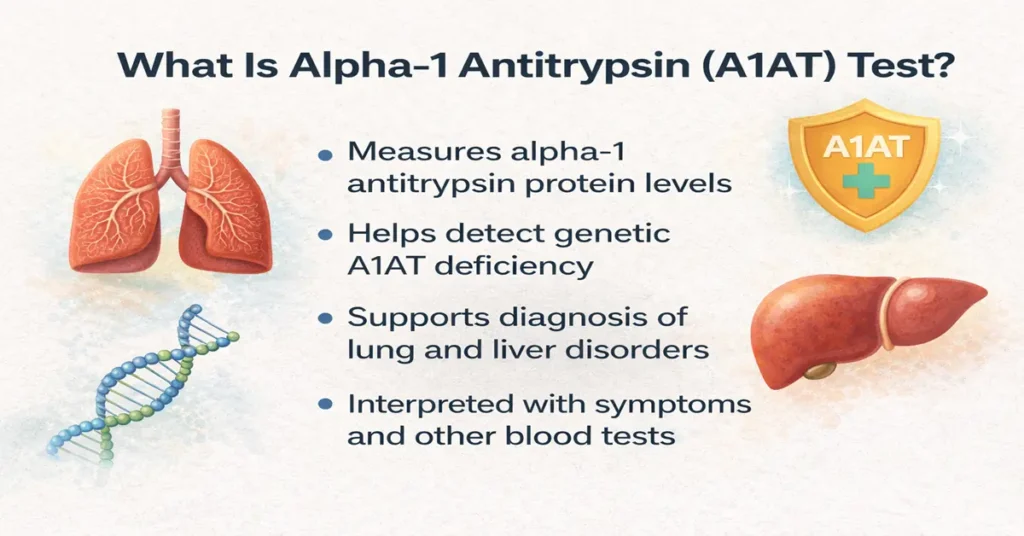 Alpha-1 antitrypsin A1AT test infographic showing protein measurement, genetic deficiency detection, and lung and liver disorder diagnosis