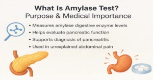 Amylase test image explaining digestive enzyme measurement, pancreatic function evaluation, pancreatitis diagnosis, and abdominal pain assessment