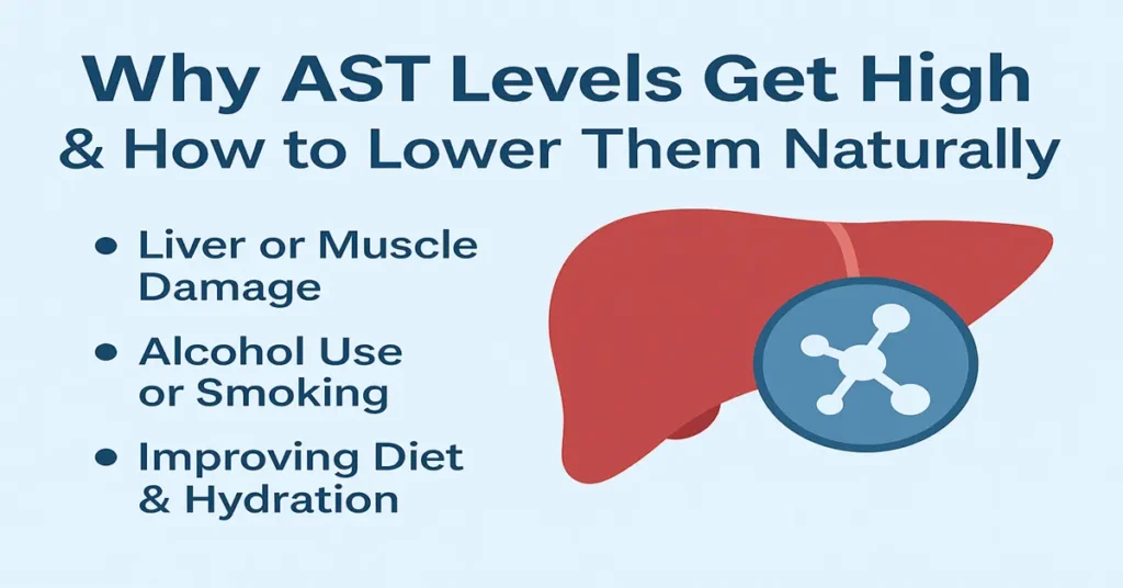 Infographic explaining why AST levels get high and how to lower them naturally, showing liver illustration with bullet points about liver damage, alcohol use and hydration