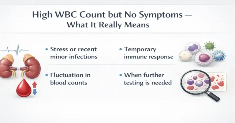 Medical infographic explaining high WBC count with no symptoms, showing common causes, immune response, blood count fluctuations, and when further testing is needed