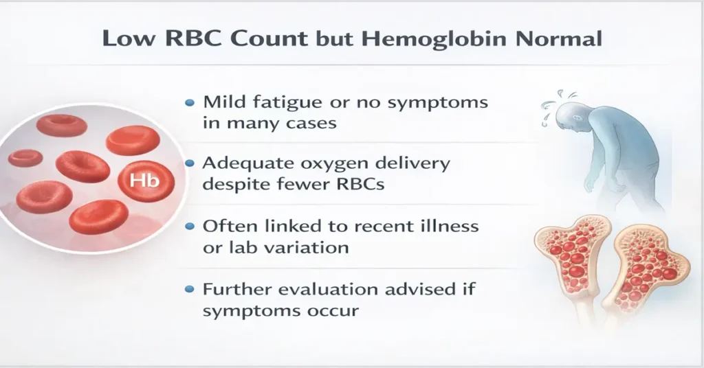 Low RBC count with normal hemoglobin showing clinical significance, symptoms, and when medical review is needed
