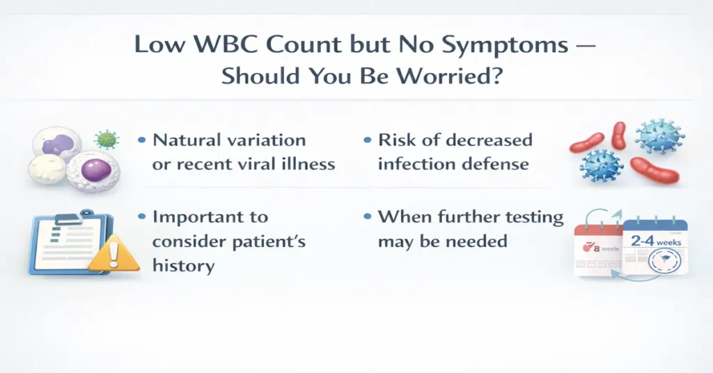 Medical infographic explaining low WBC count with no symptoms, showing natural variation, infection risk assessment, patient history importance, and when repeat testing is advised