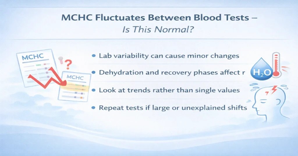 Medical illustration explaining why MCHC fluctuates between blood tests and how doctors interpret these changes