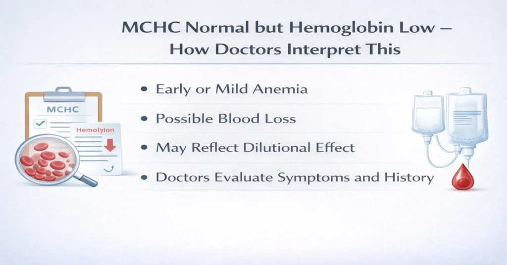 Normal MCHC with low hemoglobin blood test report showing reduced hemoglobin levels with normal red blood cell concentration
