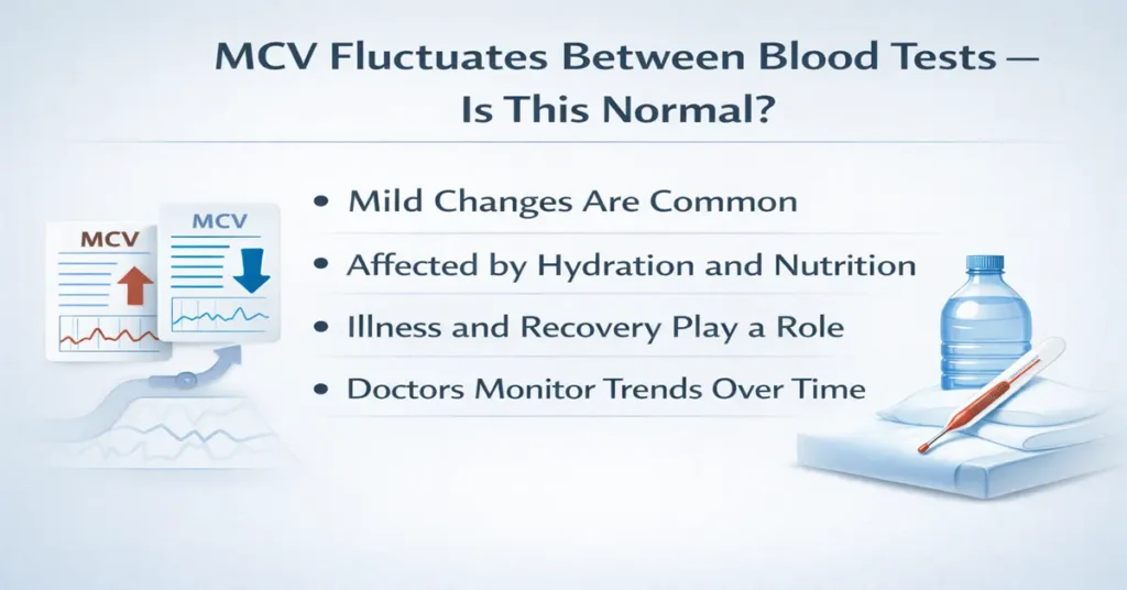 MCV fluctuates between blood tests showing mild changes in red blood cell size influenced by hydration, nutrition, and recovery
