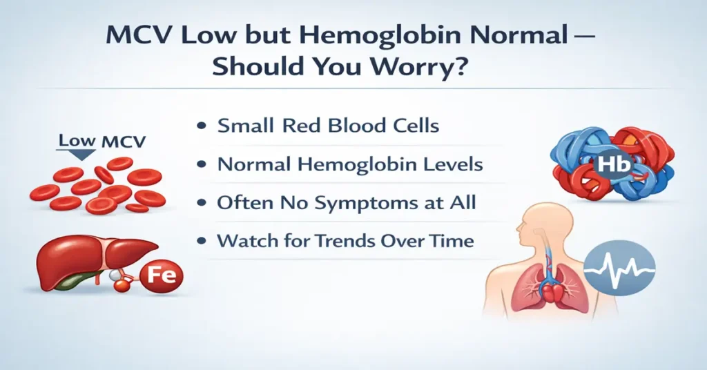 MCV low but hemoglobin normal blood test report explanation showing small red blood cells with normal hemoglobin levels
