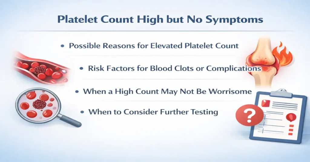 Medical infographic showing platelet count high with no symptoms, explaining causes, possible risks, and when follow-up testing is needed