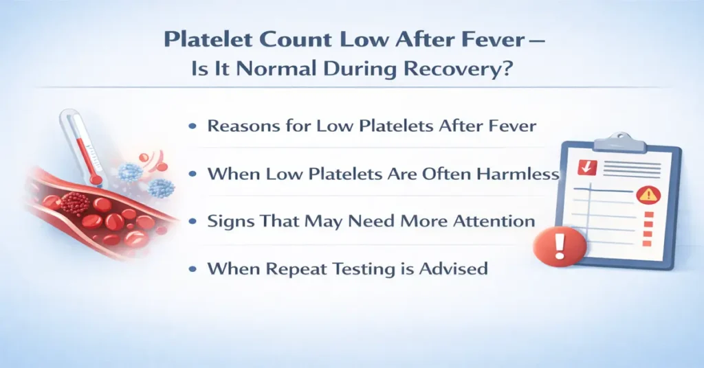 Medical infographic explaining low platelet count after fever, recovery phase changes, warning signs, and when repeat testing is needed