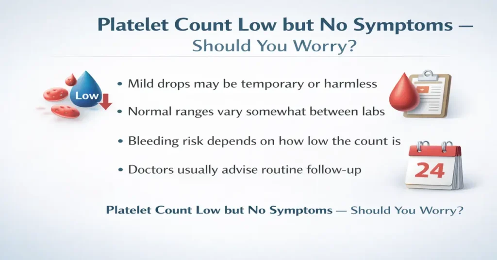 Platelet count low but no symptoms shown on CBC report with guidance on when monitoring is enough