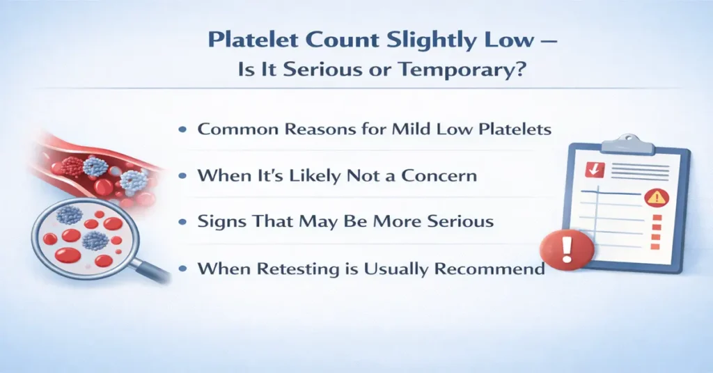 Medical infographic explaining slightly low platelet count, when it is usually harmless, warning signs, and when retesting is recommended