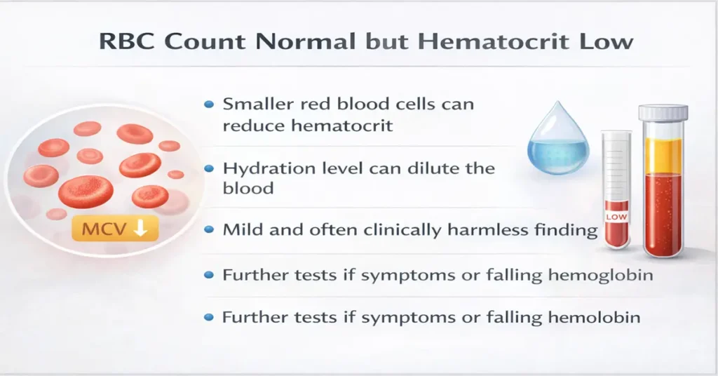 Medical infographic explaining normal RBC count with low hematocrit, showing common laboratory interpretations and when further evaluation is needed
