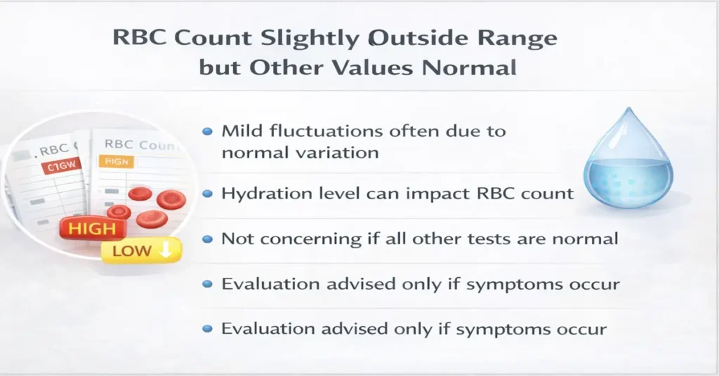 Medical infographic explaining slightly high or low RBC count with normal CBC values and why it is usually not concerning
