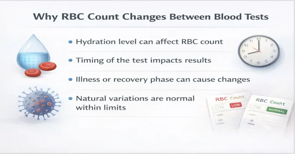 Medical infographic explaining why RBC count can change between blood tests due to hydration, timing, illness, and natural variation